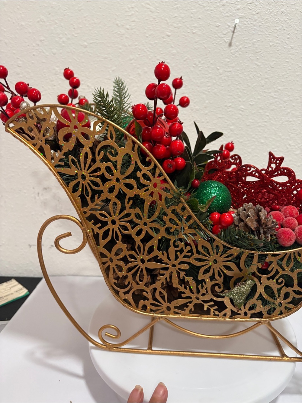Gold Decorative Holiday Sleigh Centerpiece with Red Accents - Picture 5 of 5